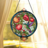 Hummingbird Stained Glass Suncatcher, Round Window Panel with Pomegranates and Leaves, Colorful Nature Inspired Home Decor Gift