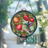 Hummingbird Stained Glass Suncatcher, Round Window Panel with Pomegranates and Leaves, Colorful Nature Inspired Home Decor Gift