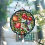 Hummingbird Stained Glass Suncatcher, Round Window Panel with Pomegranates and Leaves, Colorful Nature Inspired Home Decor Gift