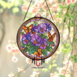 Purple Pansy Stained Glass Suncatcher, Round Window Panel with Orange Butterflies and Flowers, Colorful Garden Nature Home Decor Gift