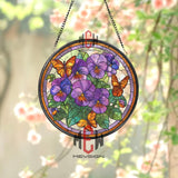 Purple Pansy Stained Glass Suncatcher, Round Window Panel with Orange Butterflies and Flowers, Colorful Garden Nature Home Decor Gift