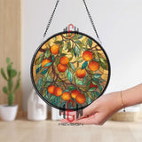 Orange Tree Stained Glass Suncatcher, Round Window Panel with Branches and Leaves, Colorful Fruit Inspired Kitchen Garden Home Decor Gift
