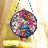 Geisha Stained Glass Suncatcher, Round Japanese Woman with Parasol and Cherry Blossoms Window Panel, Oriental Floral Home Decor Gift