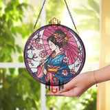 Geisha Stained Glass Suncatcher, Round Japanese Woman with Parasol and Cherry Blossoms Window Panel, Oriental Floral Home Decor Gift
