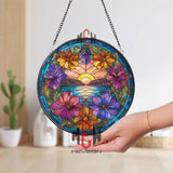 Sunset Stained Glass Suncatcher, Round Ocean Landscape with Colorful Flowers and Mountains, Vibrant Window Panel Nature Home Decor Gift