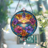Sunset Stained Glass Suncatcher, Round Ocean Landscape with Colorful Flowers and Mountains, Vibrant Window Panel Nature Home Decor Gift