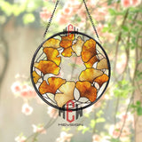 Ginkgo Leaf Stained Glass Suncatcher, Round Autumn Window Hanging with Golden Leaves, Botanical Nature Inspired Home Decor Gift
