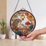Hedgehog Stained Glass Suncatcher, Round Autumn Woodland Window Panel with Lantern and Mushrooms, Cute Animal Nature Home Decor Gift