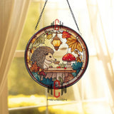 Hedgehog Stained Glass Suncatcher, Round Autumn Woodland Window Panel with Lantern and Mushrooms, Cute Animal Nature Home Decor Gift