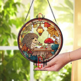 Hedgehog Stained Glass Suncatcher, Round Autumn Woodland Window Panel with Lantern and Mushrooms, Cute Animal Nature Home Decor Gift