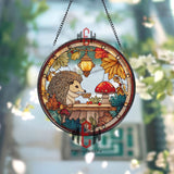 Hedgehog Stained Glass Suncatcher, Round Autumn Woodland Window Panel with Lantern and Mushrooms, Cute Animal Nature Home Decor Gift