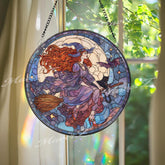 Witch Stained Glass Suncatcher, Round Halloween Moon Window Panel with Cat, Bat, and Broomstick, Gothic Witchy Glass Art Decor
