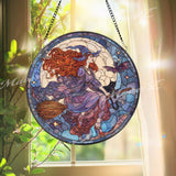 Witch Stained Glass Suncatcher, Round Halloween Moon Window Panel with Cat, Bat, and Broomstick, Gothic Witchy Glass Art Decor