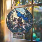 Knight on Horse Stained Glass Suncatcher, Round Medieval Warrior Window Panel with Blue Flag, Fantasy Castle Glass Art Decor
