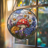 Mushroom Floral Stained Glass Suncatcher, Round Toadstool with Daisies and Wildflowers Window Panel, Cottagecore Nature Glass Decor