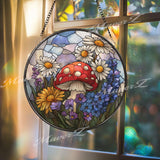 Mushroom Floral Stained Glass Suncatcher, Round Toadstool with Daisies and Wildflowers Window Panel, Cottagecore Nature Glass Decor