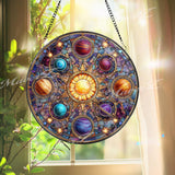 Solar System Stained Glass Suncatcher, Round Planet Window Panel with Sun and Stars, Cosmic Galaxy Glass Art for Astronomy Lovers