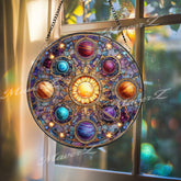 Solar System Stained Glass Suncatcher, Round Planet Window Panel with Sun and Stars, Cosmic Galaxy Glass Art for Astronomy Lovers