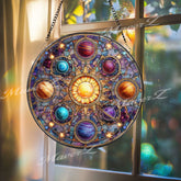 Solar System Stained Glass Suncatcher, Round Planet Window Panel with Sun and Stars, Cosmic Galaxy Glass Art for Astronomy Lovers