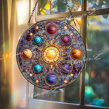 Solar System Stained Glass Suncatcher, Round Planet Window Panel with Sun and Stars, Cosmic Galaxy Glass Art for Astronomy Lovers