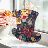 Mad Hatter Hat Acrylic Suncatcher, Stained Glass Style Alice in Wonderland Window Hanging, Fantasy Rose Butterfly Clock Home Decor Gift