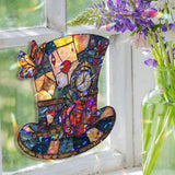 Mad Hatter Hat Acrylic Suncatcher, Stained Glass Style Alice in Wonderland Window Hanging, Fantasy Rose Butterfly Clock Home Decor Gift