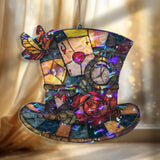 Mad Hatter Hat Acrylic Suncatcher, Stained Glass Style Alice in Wonderland Window Hanging, Fantasy Rose Butterfly Clock Home Decor Gift
