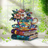 Teacup with Flowers Acrylic Suncatcher, Stained Glass Style Books and Tea Window Hanging, Cozy Cottagecore Reading Lover Gift Decor