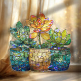 Succulent Acrylic Suncatcher, Stained Glass Style Colorful Potted Plants Window Hanging, Garden Lover Botanical Wall Art Gift Decor