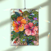 Hibiscus Acrylic Suncatcher, Stained Glass Style Tropical Flower Window Hanging, Colorful Botanical Wall Art Summer Garden Lover Gift