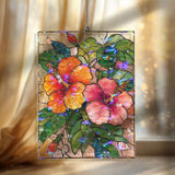 Hibiscus Acrylic Suncatcher, Stained Glass Style Tropical Flower Window Hanging, Colorful Botanical Wall Art Summer Garden Lover Gift