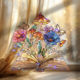Book Acrylic Suncatcher with Mushrooms and Butterflies, Stained Glass Style Floral Fantasy Window Hanging