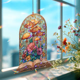 Open Book Acrylic Suncatcher, Stained Glass Style Mushrooms and Flowers Fantasy Window Hanging, Cottagecore Nature Reading Lover Gift