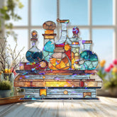 Potion Bottles Acrylic Suncatcher, Stained Glass Style Alchemy Book Window Hanging, Fantasy Wizard Lab Magical Decor Gift for Readers