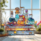 Potion Bottles Acrylic Suncatcher, Stained Glass Style Alchemy Book Window Hanging, Fantasy Wizard Lab Magical Decor Gift for Readers