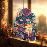 Masquerade Mask Acrylic Suncatcher, Stained Glass Style Books Roses and Candles Window Hanging, Gothic Fantasy Reading Lover Gift Decor