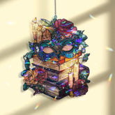 Masquerade Mask Acrylic Suncatcher, Stained Glass Style Books Roses and Candles Window Hanging, Gothic Fantasy Reading Lover Gift Decor