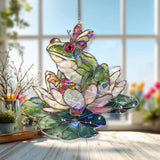 Frog on Lotus Acrylic Suncatcher, Stained Glass Style Water Lily and Butterfly Window Hanging, Whimsical Pond Nature Lover Gift Decor