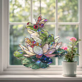Frog on Lotus Acrylic Suncatcher, Stained Glass Style Water Lily and Butterfly Window Hanging, Whimsical Pond Nature Lover Gift Decor