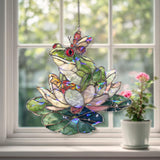 Frog on Lotus Acrylic Suncatcher, Stained Glass Style Water Lily and Butterfly Window Hanging, Whimsical Pond Nature Lover Gift Decor