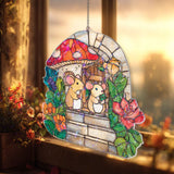 Mouse House Acrylic Suncatcher, Stained Glass Style Mice with Mushroom Cottage and Flowers Window Hanging, Whimsical Woodland Decor Gift