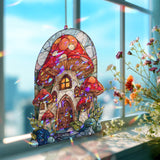 Mushroom House Acrylic Suncatcher, Stained Glass Style Fairy Cottage with Windows Window Hanging, Whimsical Woodland Fantasy Decor Gift