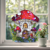 Mushroom House Acrylic Suncatcher, Stained Glass Style Fairy Cottage Window Hanging, Whimsical Woodland Fantasy Home Decor Gift