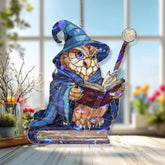 Wizard Owl Acrylic Suncatcher, Stained Glass Style Magical Owl with Book and Staff Window Hanging, Fantasy Reading Lover Gift Decor