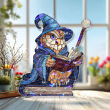 Wizard Owl Acrylic Suncatcher, Stained Glass Style Magical Owl with Book and Staff Window Hanging, Fantasy Reading Lover Gift Decor