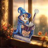 Wizard Owl Acrylic Suncatcher, Stained Glass Style Magical Owl with Book and Staff Window Hanging, Fantasy Reading Lover Gift Decor