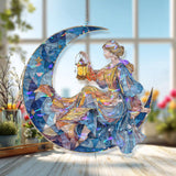 Moon Lady Acrylic Suncatcher, Stained Glass Style Woman with Lantern Crescent Window Hanging, Whimsical Fantasy Night Sky Home Decor Gift