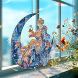 Moon Lady Acrylic Suncatcher, Stained Glass Style Woman with Lantern Crescent Window Hanging, Whimsical Fantasy Night Sky Home Decor Gift