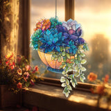 Hanging Succulent Acrylic Suncatcher, Stained Glass Style Colorful Plant Basket Window Hanging, Botanical Garden Lover Home Decor Gift