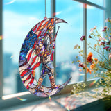 Soldier Acrylic Suncatcher, Stained Glass Style American Flag Crescent Moon Window Hanging, Patriotic Military Veteran Home Decor Gift